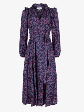 Xirena Isley Black Pink Blue Floral Paisley Ruffle
Collar Belted Midi Dress